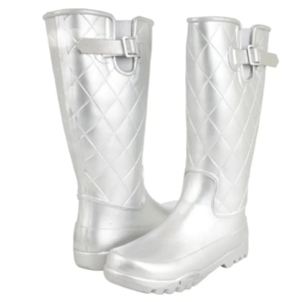 Sperry Pelican Tall Quilted Rain Boots Silver Metallic Size 6 Rainboots Wellies